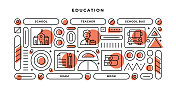 教育信息图表概念与几何形状和学校，教师，校车，书线图标