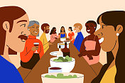一群不同种族的朋友聚在一起参加节日晚宴