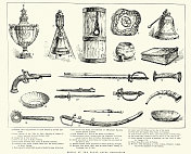 在皇家海军展览的古董插图文物，手枪，剑，1891年，19世纪