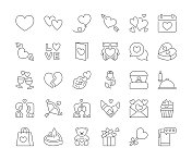 爱情和情人节线图标。可编辑的中风。 爱情和情人节线图标。可编辑的中风。