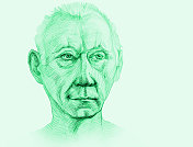 插图铅笔绘制肖像脸的金发男子短发在绿色的背景