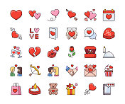 爱情和情人节。颜色线图标。可编辑的中风。