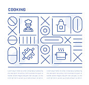 烹饪网页横幅设计与厨师，擀面杖，平底锅，围裙线图标