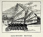 奇怪的新奇自行车,6人帆操纵自行车,自行车是由纽约锡拉丘兹的弗兰克・J・马丁发明的,19世纪90年代 奇怪的新奇自行车,6人帆操纵自行车,自行车是由纽约锡拉丘兹的弗兰克・J・马丁发明的,19世纪90年代