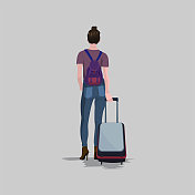女孩拿着旅行箱在机场走来走去。年轻女子在假期带着行李旅行。孤立的游客女性角色。夏季旅游、旅游、活动的概念。矢量插图在卡通平面设计。