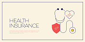健康保险相关设计与线条图标。医疗保健、病人、医院、护理、保护。