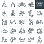 残疾人工作工作细线图标-可编辑的笔画-图标包括一个商人在轮椅上工作，建筑工人与义肢，职业，专业人士，就业