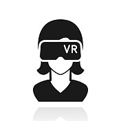 戴着虚拟现实头盔的女人-虚拟现实。白色背景上反射的图标