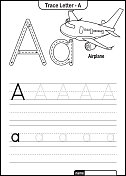 字母跟踪字母A到Z学龄前工作表与字母A飞机亲矢量