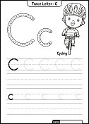 字母跟踪字母A到Z学龄前工作表与字母C循环亲矢量