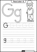字母跟踪字母A到Z学龄前工作表与字母G祖父亲矢量