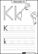 字母跟踪字母A到Z学龄前工作表与字母K风筝亲矢量