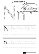 字母跟踪字母A到Z学龄前工作表与字母N午睡亲矢量