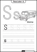 字母跟踪字母A到Z学龄前工作表与字母S校车亲矢量