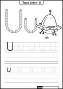 字母跟踪字母A到Z学龄前工作表与字母U Ufo亲矢量