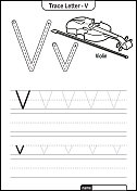 字母痕迹字母A到Z学龄前工作表与字母V小提琴亲矢量