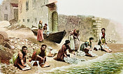意大利马尔切辛的洗衣店，五个女人跪在河边干活