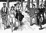 一家人正在骑自行车，站在路边的一家人羡慕地看着他们