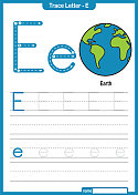 字母跟踪字母A到Z学龄前工作表与字母E地球亲矢量