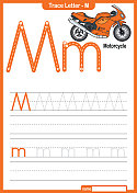 字母跟踪字母A到Z学龄前工作表与字母M摩托车亲矢量