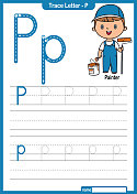字母跟踪字母A到Z学龄前工作表与字母P画家亲
