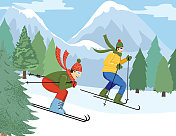 两个人在山上滑雪