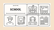 学校线图标集和横幅设计