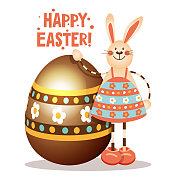 拟人化的兔子在一个孤立的白色背景上有一个复活节彩蛋。平面风格的创意插图。
