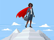 非裔美国女商人站在山顶上。概念业务说明。