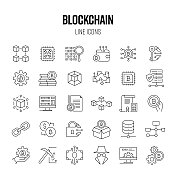 区块链线路图标设置。技术，比特币，连接，未来，数据库，虚拟现实