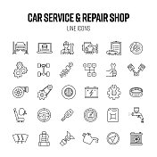 汽车服务线图标集。维修车间，维修，技师，轮胎
