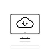 云下载到桌面电脑。白色背景上反射的图标 云下载到桌面电脑。白色背景上反射的图标