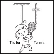 抽认卡字母T是网球矢量插图