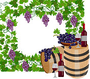葡萄葡萄葡萄酒桶和葡萄酒瓶与葡萄酒杯