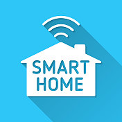 智能家居。图标在蓝色背景-平面设计与长阴影 智能家居。图标在蓝色背景-平面设计与长阴影