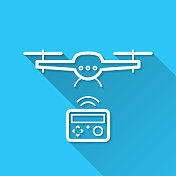 遥控飞行无人机。图标在蓝色背景-平面设计与长阴影