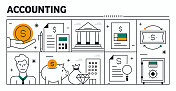 会计矢量设计。设计是可编辑的，颜色可以改变。创意图标向量集:资金流，分析，审计，税收，预算，平衡，会计