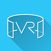 VR -虚拟现实。图标在蓝色背景-平面设计与长阴影