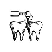 龋齿治疗线图标，草图设计，像素完美，可编辑的笔画，牙医。