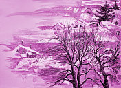 插画油画城市风景，街道树木和房屋白雪覆盖的天空在粉红色的背景