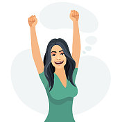 一个快乐的女人用她的手臂庆祝成功的肖像。