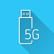 5G USB调制解调器。图标在蓝色背景-平面设计与长阴影