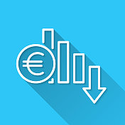 欧元利率下降。图标在蓝色背景-平面设计与长阴影
