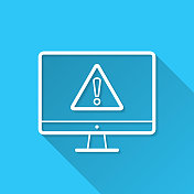 台式电脑注意危险警告。图标在蓝色背景-平面设计与长阴影