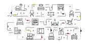 家具相关矢量横幅设计概念，现代线条风格与图标