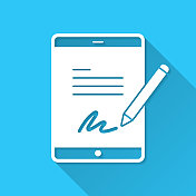 平板电脑电子签名。图标在蓝色背景-平面设计与长阴影