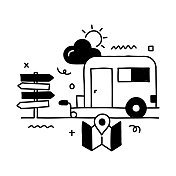 大篷车露营与线图标相关的设计。简单的轮廓符号图标。 大篷车露营与线图标相关的设计。简单的轮廓符号图标。