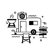 大篷车露营与线图标相关的设计。户外,露营,旅行者,公路旅行,放松。 大篷车露营与线图标相关的设计。户外,露营,旅行者,公路旅行,放松。