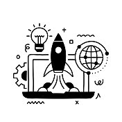 在线业务相关设计与线图标。互联网，连接，全球业务。