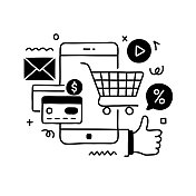 移动营销相关设计与线图标。商业，互联网，按点击付费，SEO。